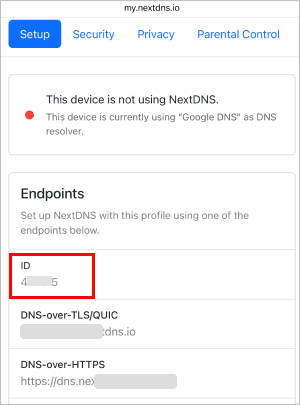 take note of setup id nextdns