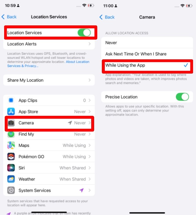 grant camera permission to access location