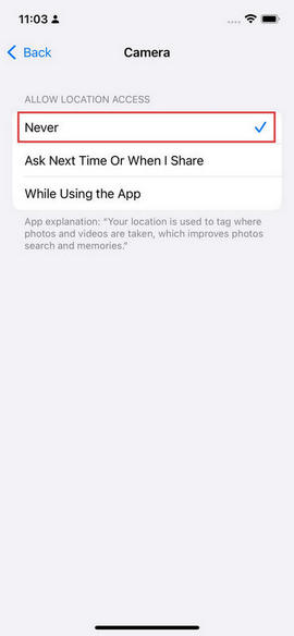 turn off location for photos on iPhone 17