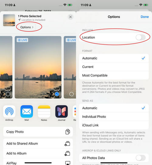 toggle off location before sahre photo