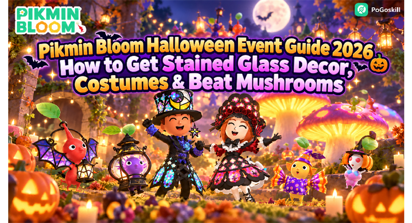 Pikmin Bloom Halloween Event 2026 guide featuring Stained Glass Decor, costumes, and Halloween Mushrooms