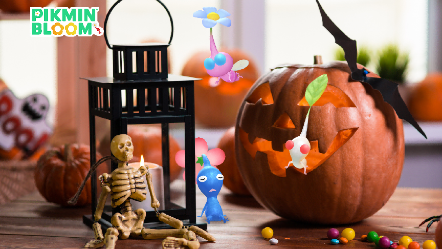 Pikmin Bloom Halloween Decor Pikmin and lanterns shown in a Halloween event scene