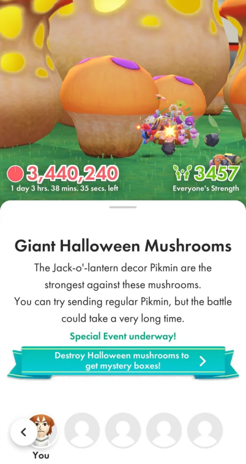 Pikmin Bloom Giant Halloween Mushroom battle screen with the event reward notice