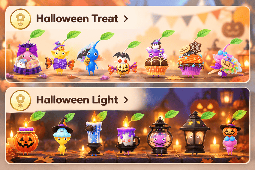 Halloween Treat and Halloween Light Decor Pikmin displayed in two collection rows