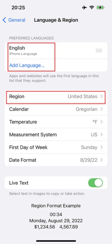 change apple id language region
